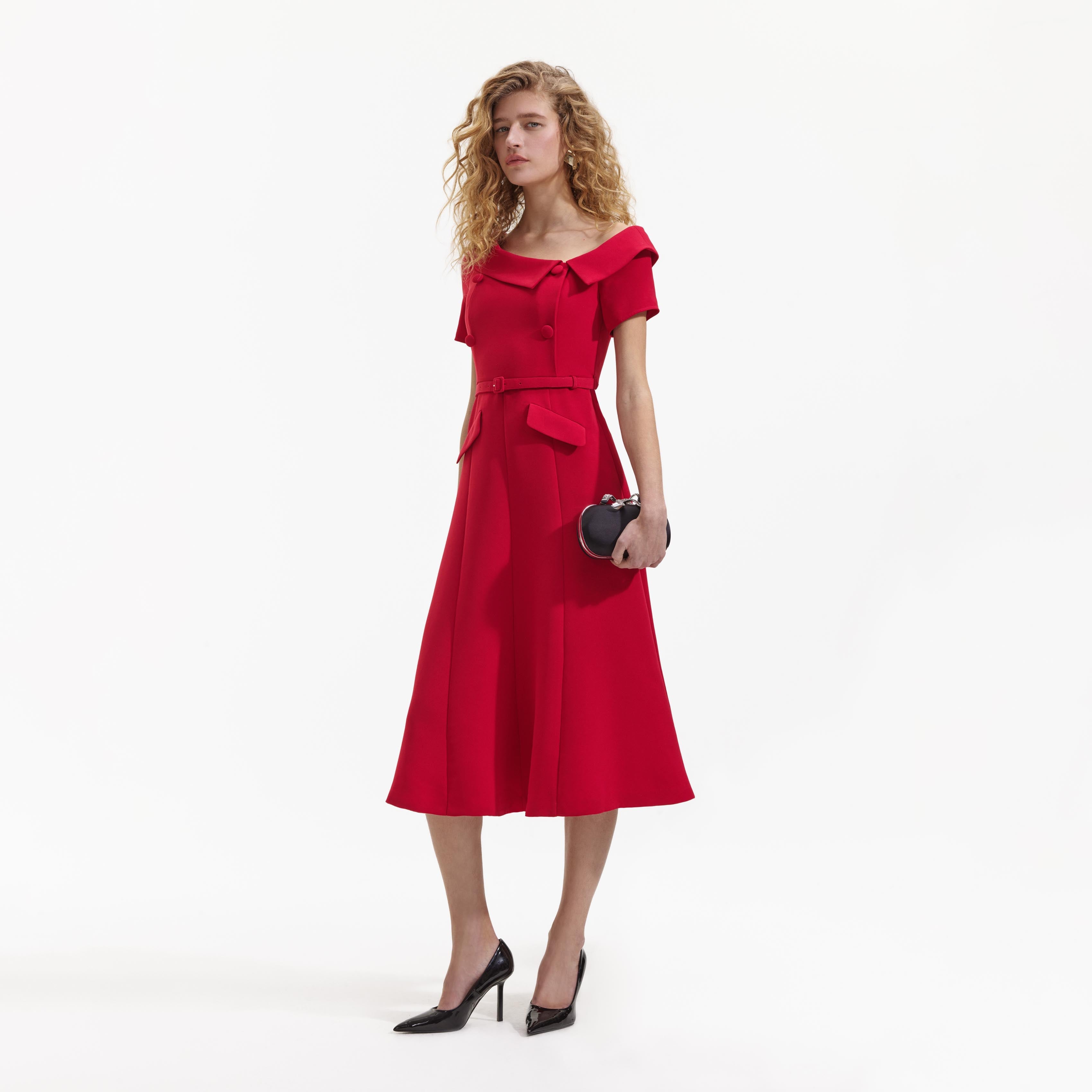 Red Tailored Crepe Midi Dress self portrait US