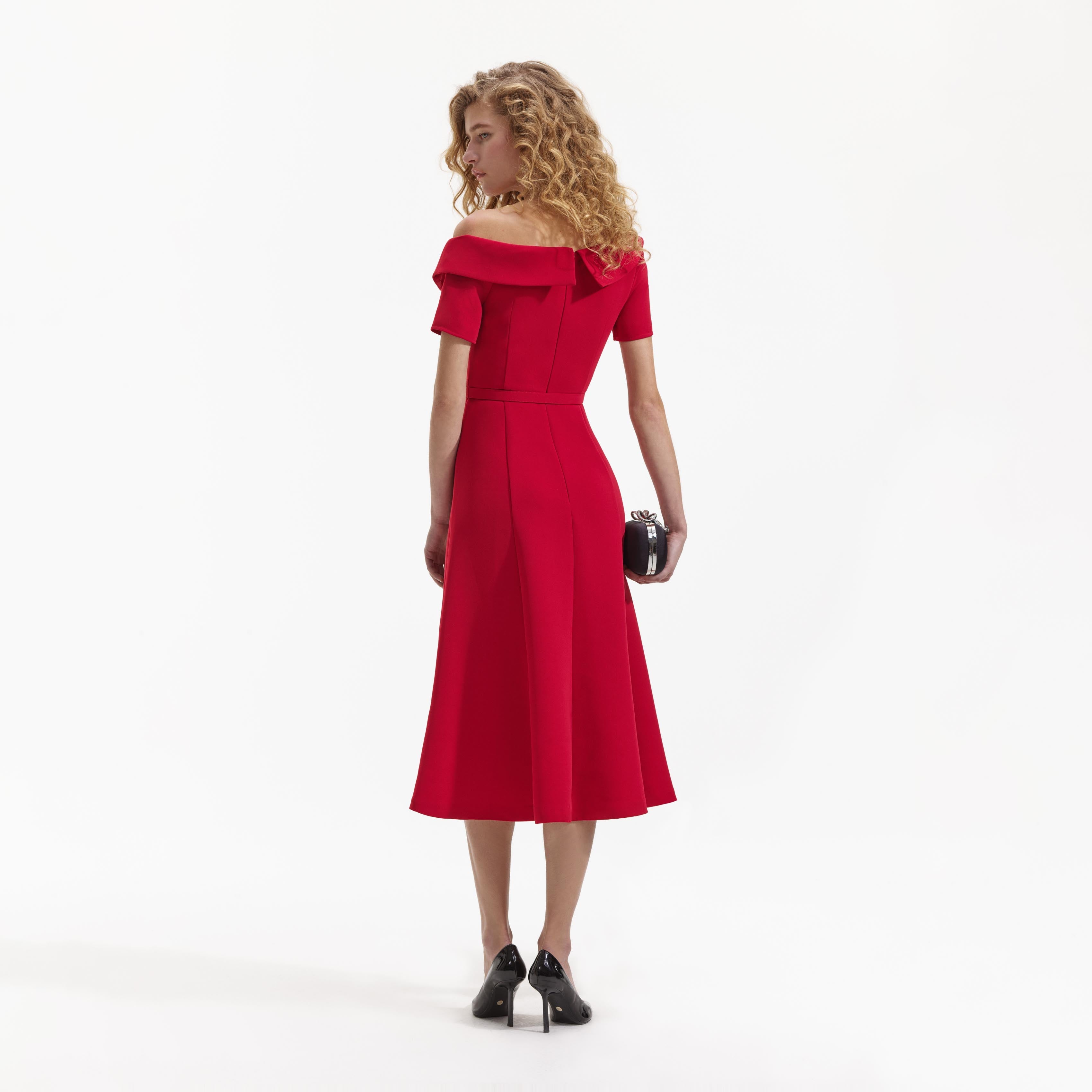 Red Tailored Crepe Midi Dress – self-portrait-US