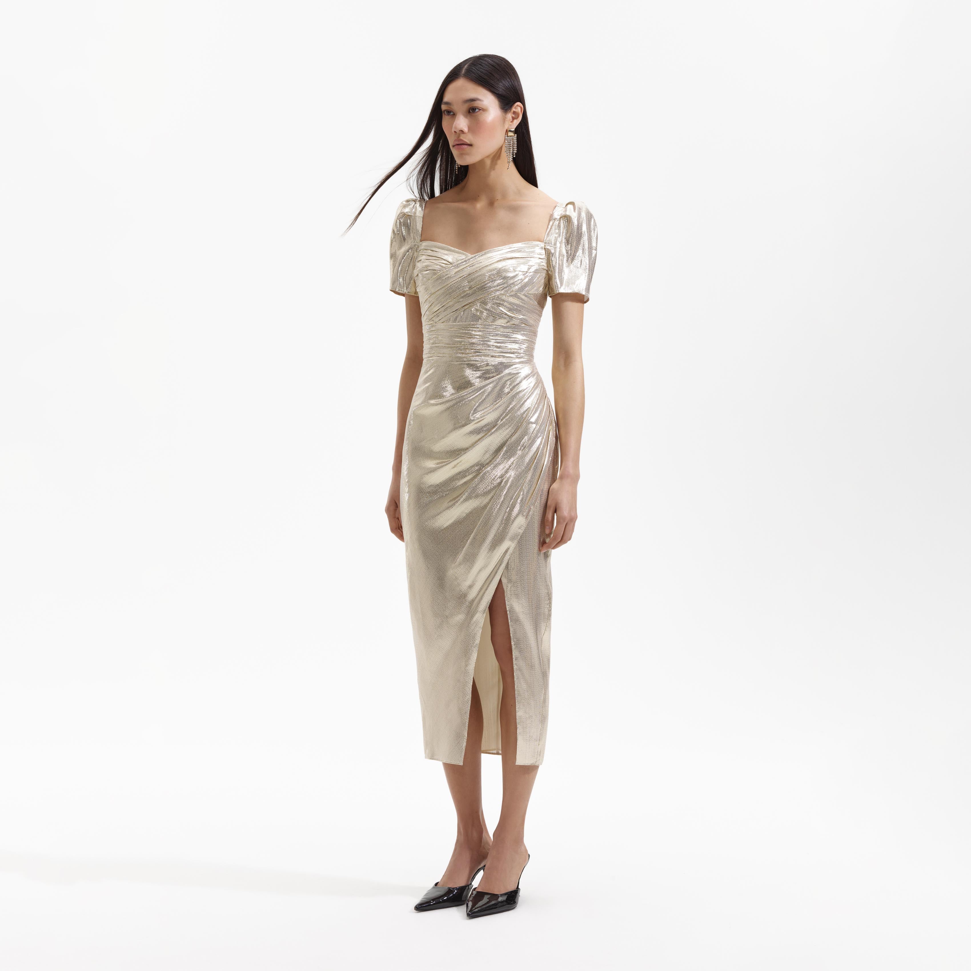 Gold Metallic Midi Dress – self-portrait-US