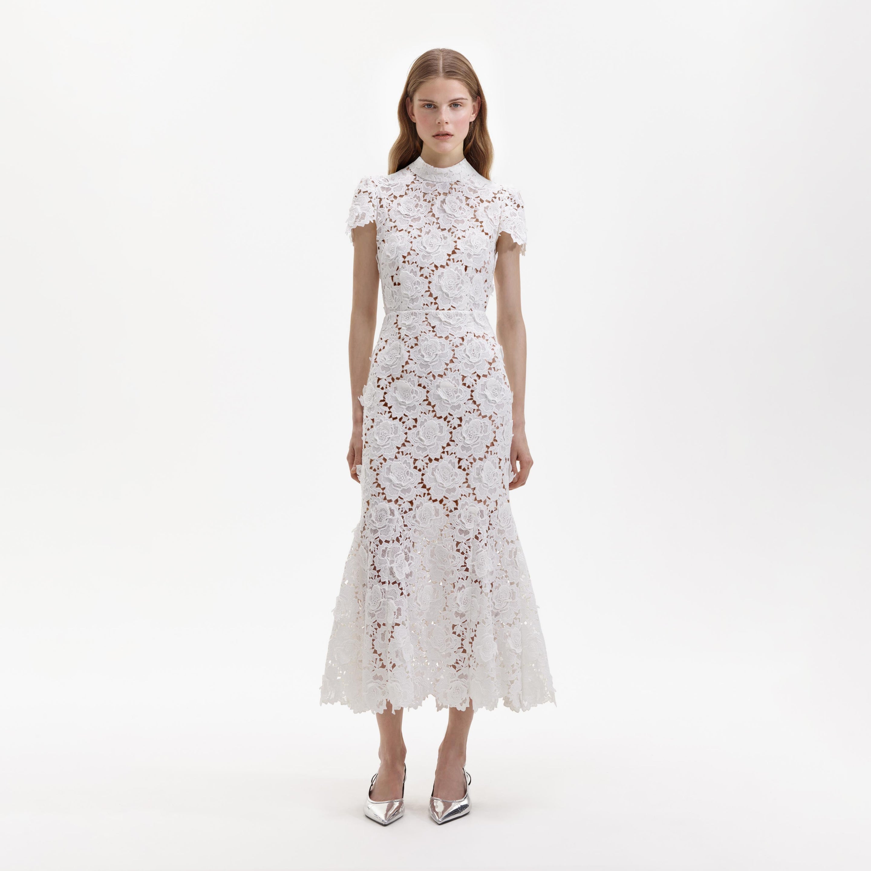 White Flower Lace Midi Dress – self-portrait-US
