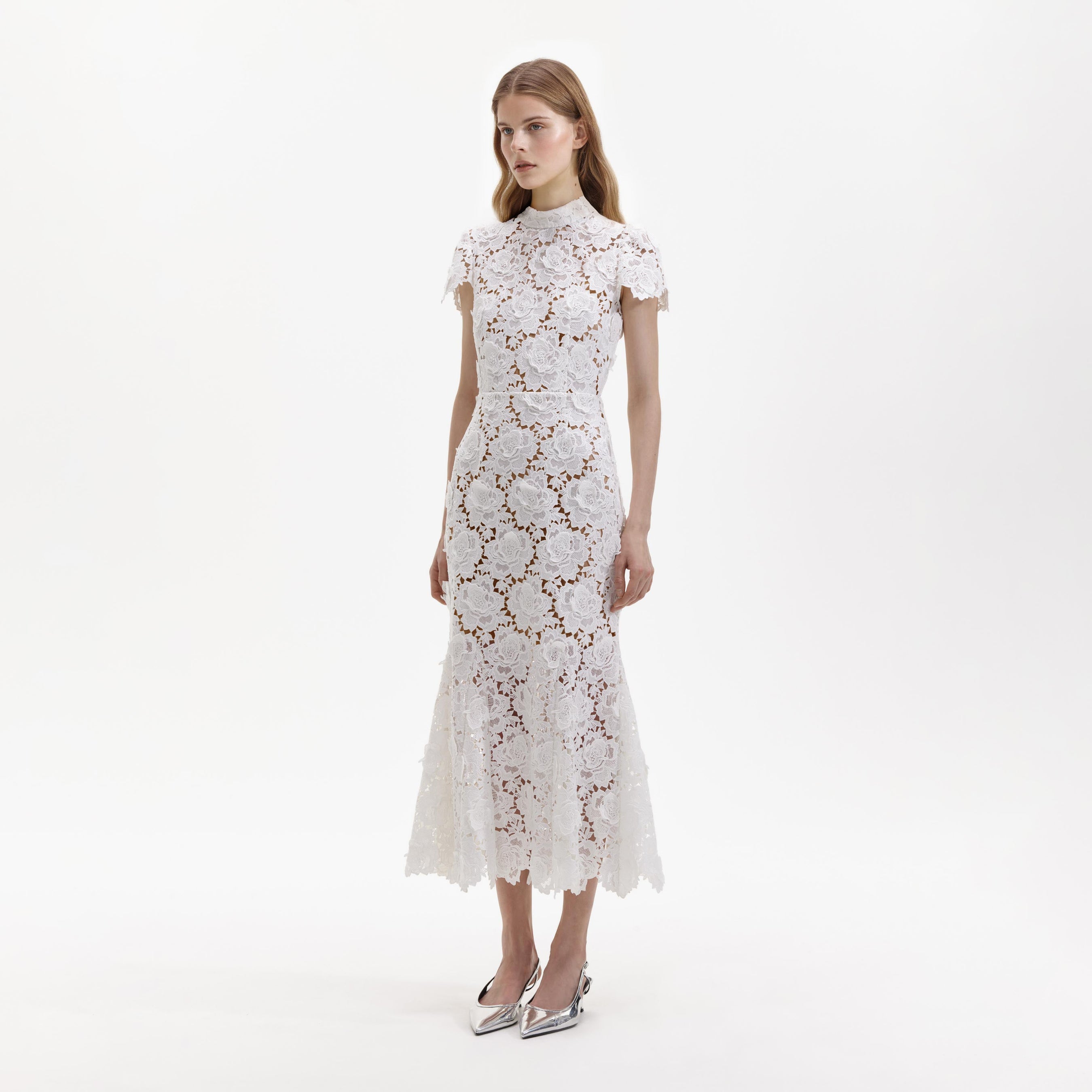 White Flower Lace Midi Dress – self-portrait-US