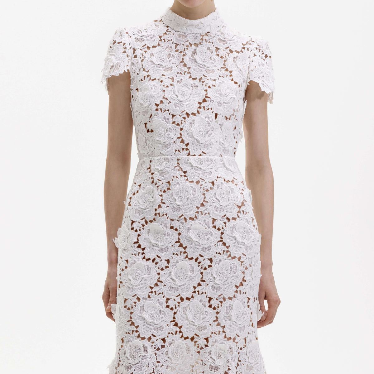 knee length dresses for ladies White Flower Lace Midi Dress – self-portrait-US
