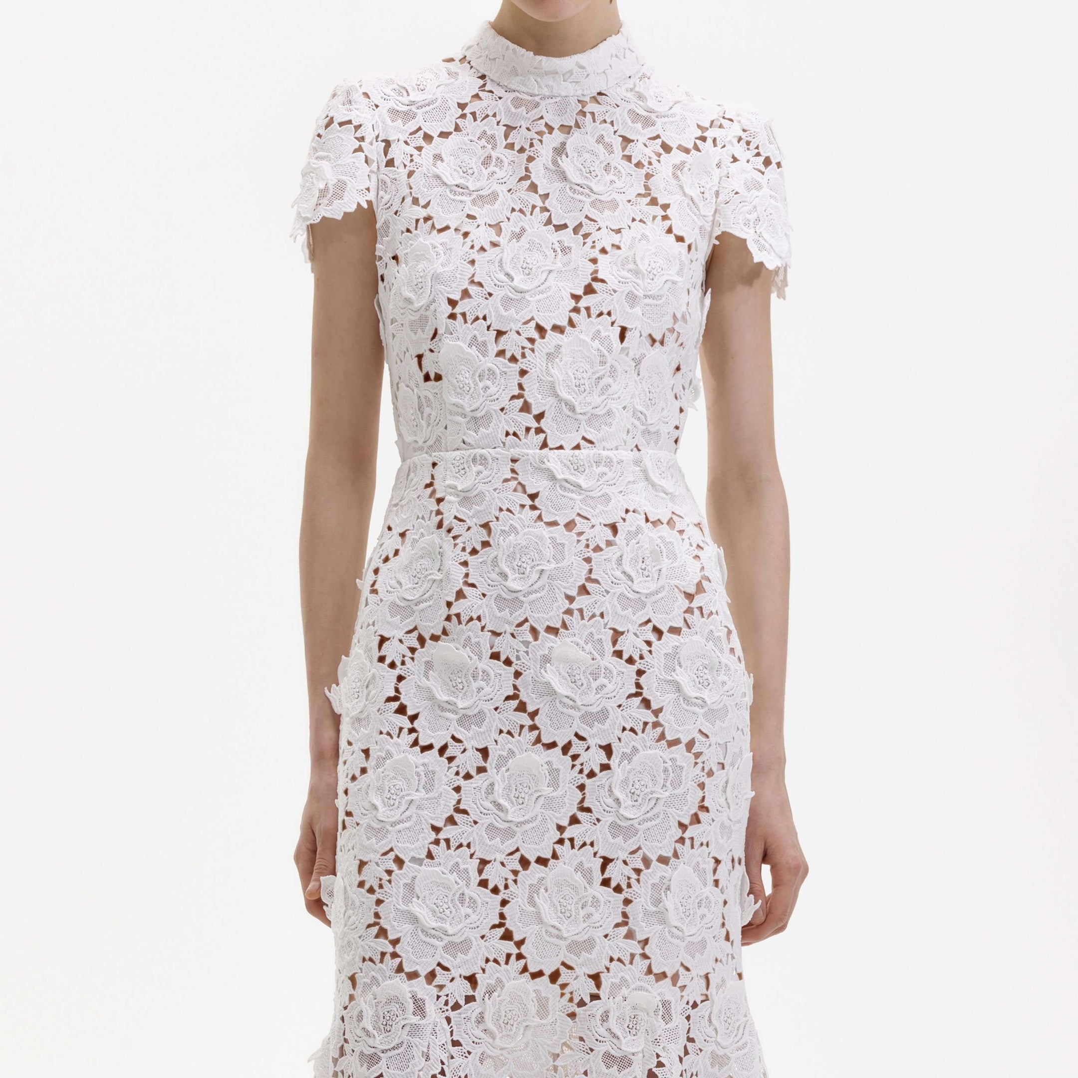 White Cap Sleeve Dress w/ Lace and Floral Embroidered Bodice