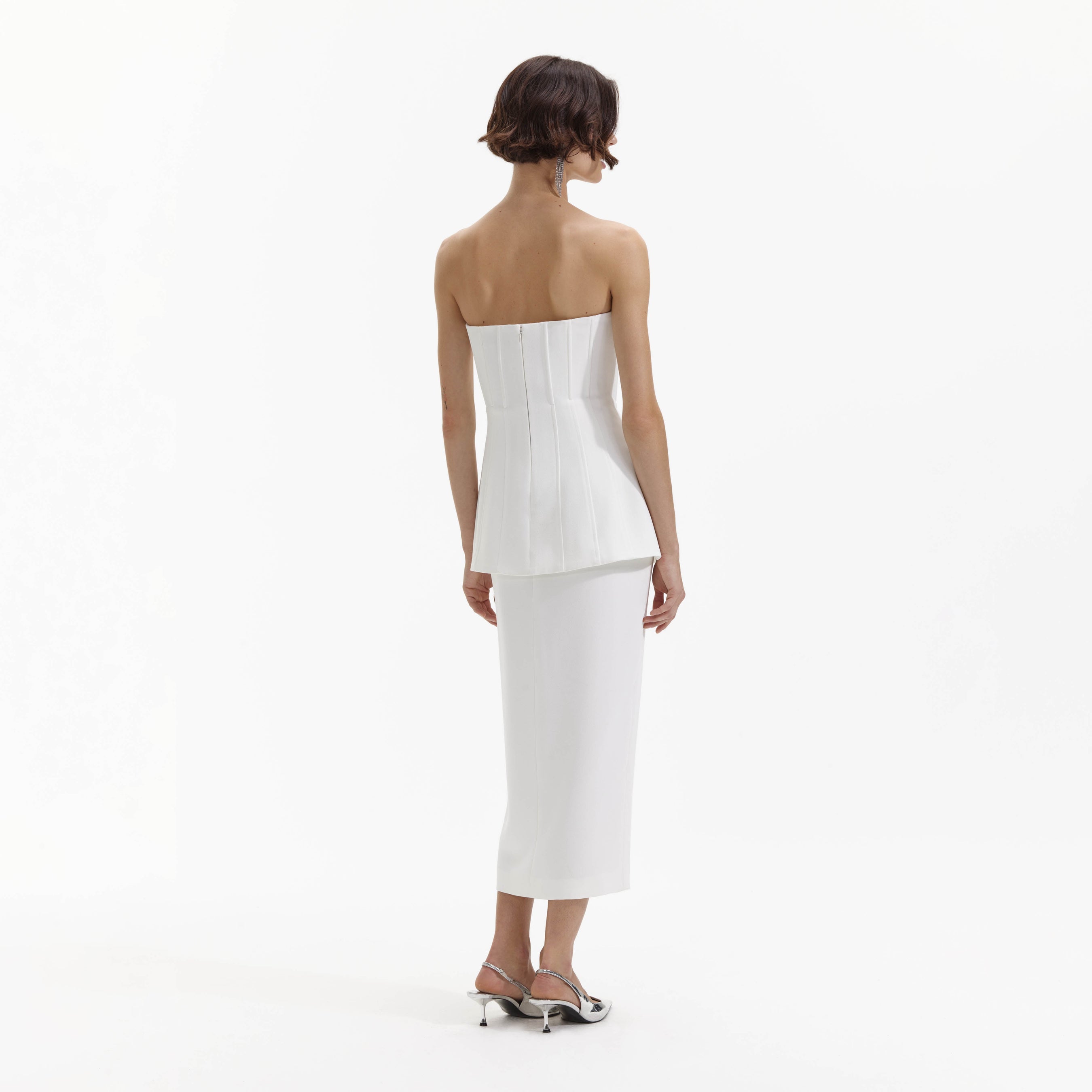White Bandeau Crepe Tailored Midi Dress