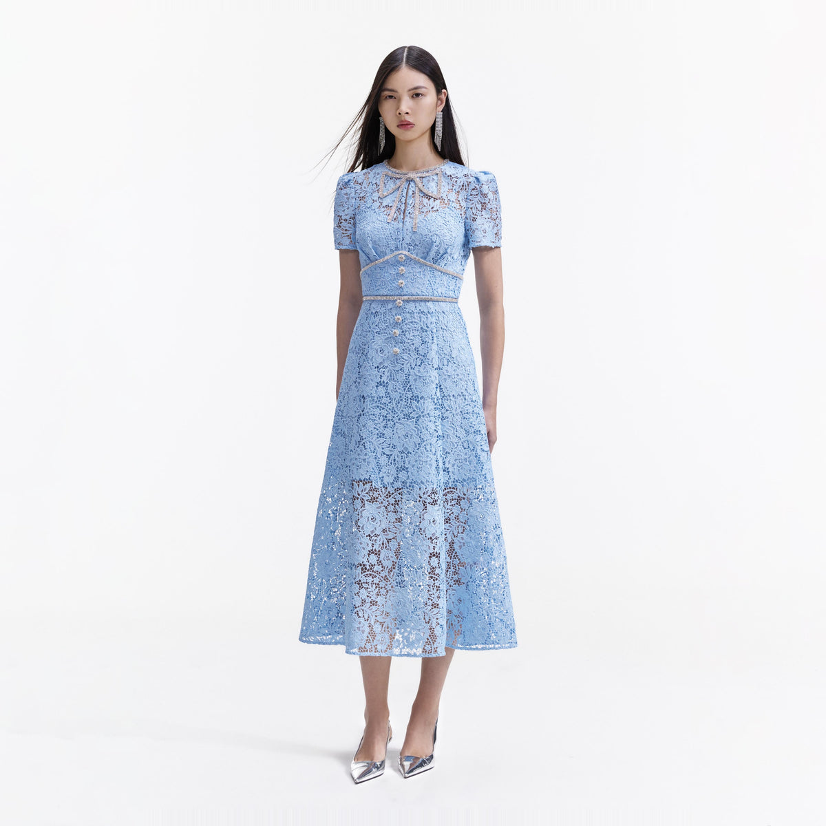 self portrait cream cord lace bow midi dress Self Portrait Cream cord lace bow midi dress|PF23035MCCREAM