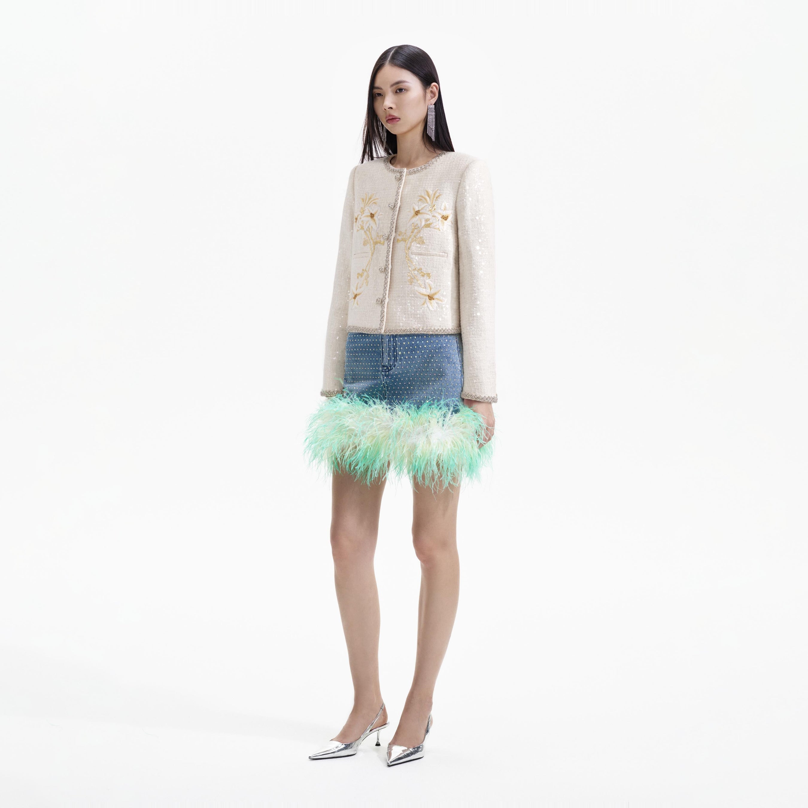 Cream Hand Embroidered Lily Boucle Jacket
