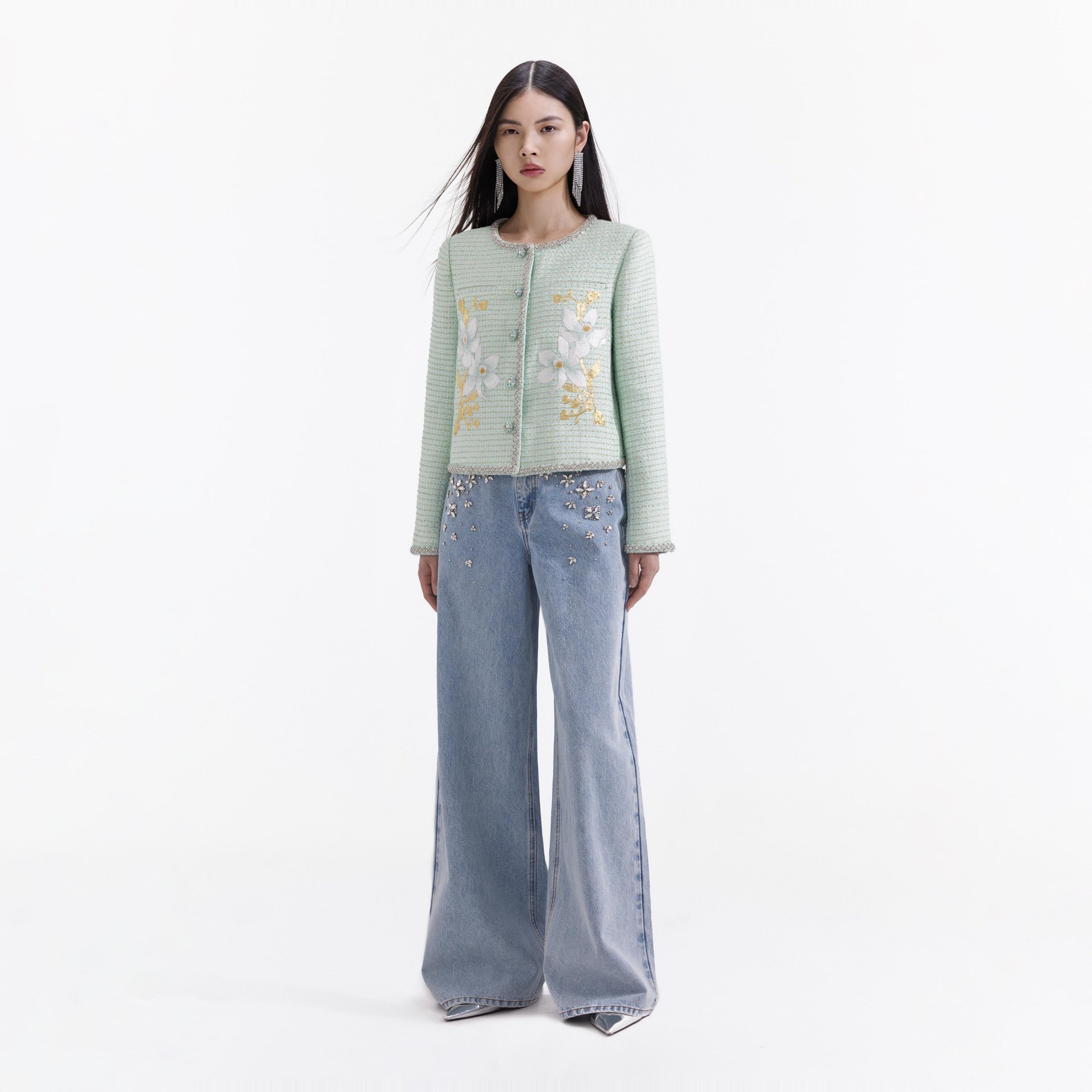 Mint Hand Embroidered Daffodil Boucle Jacket
