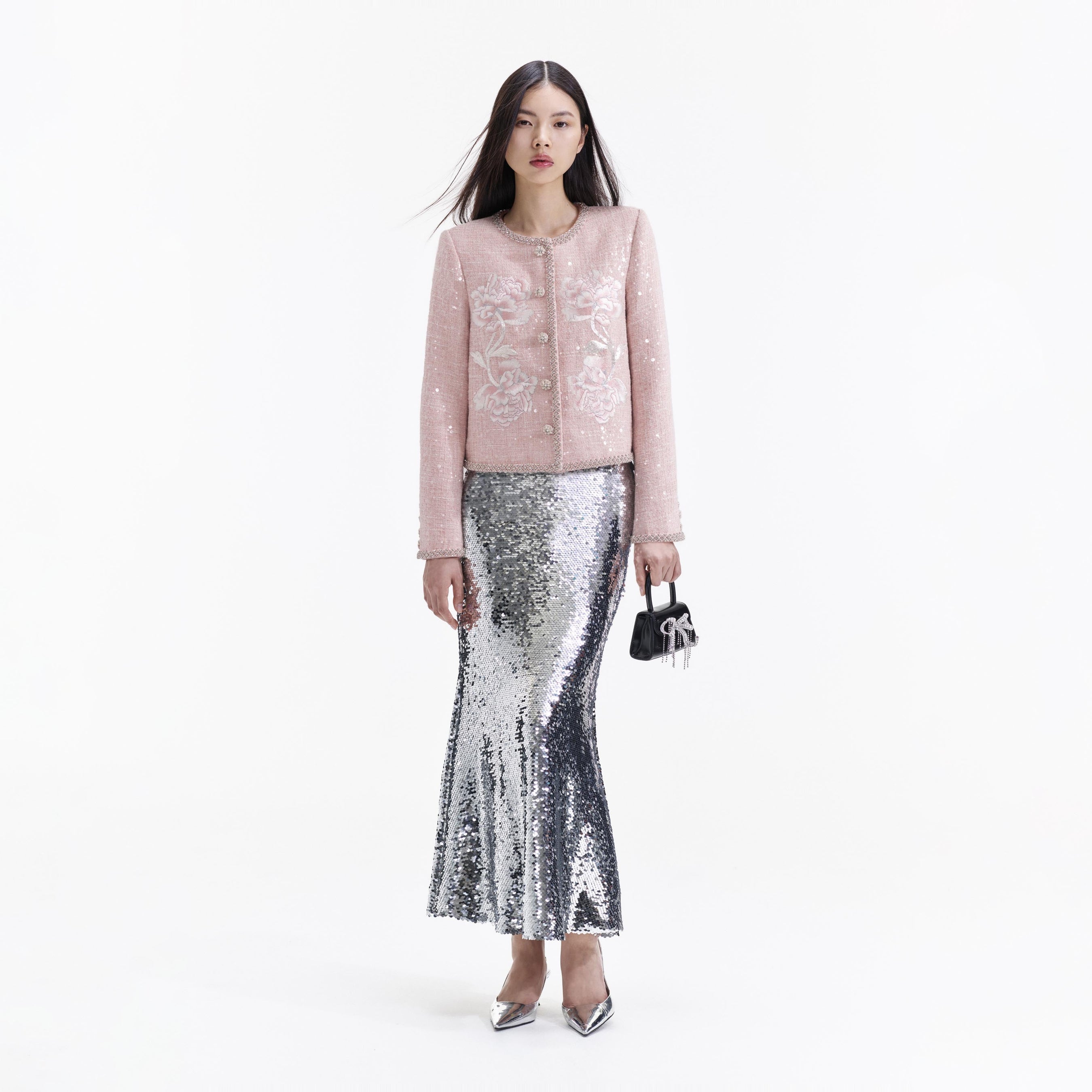 Pink Hand Embroidered Peony Boucle Jacket