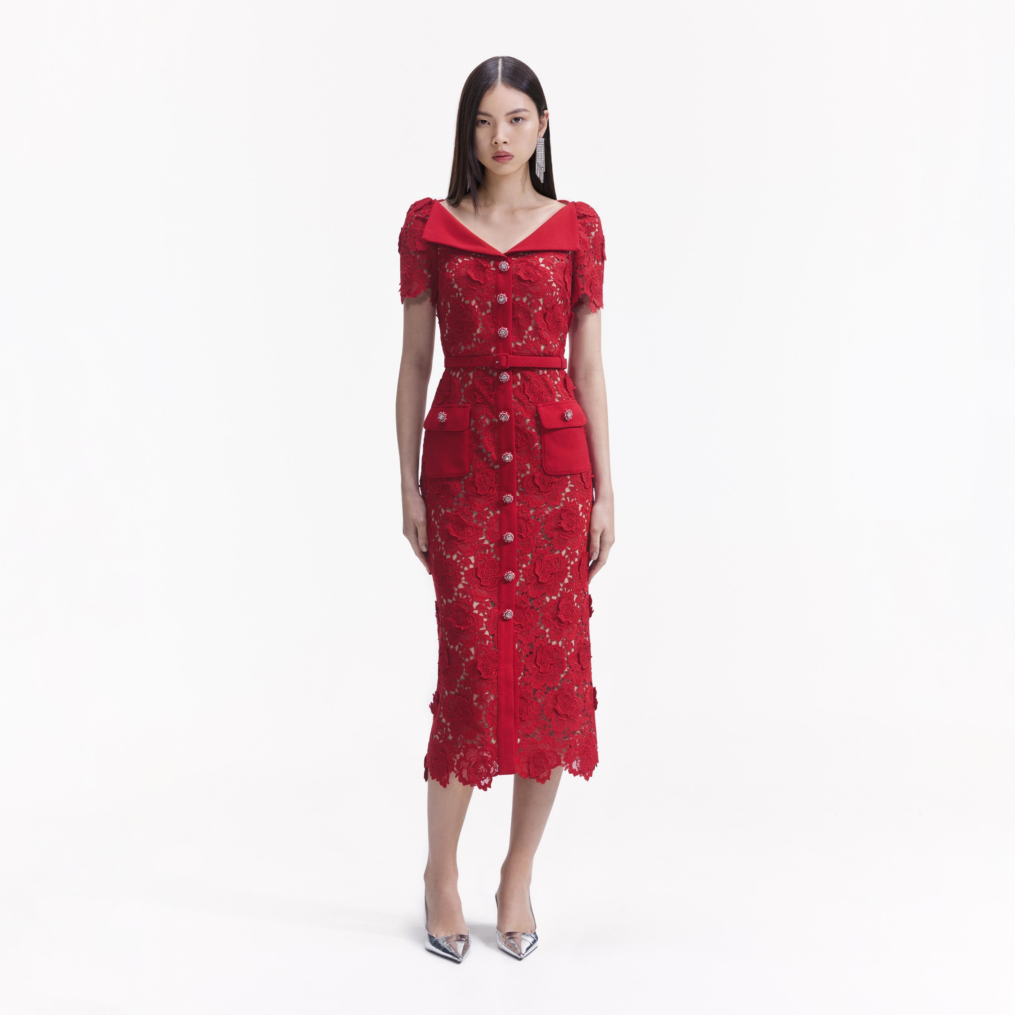 Red Lace Open Neck Midi Dress