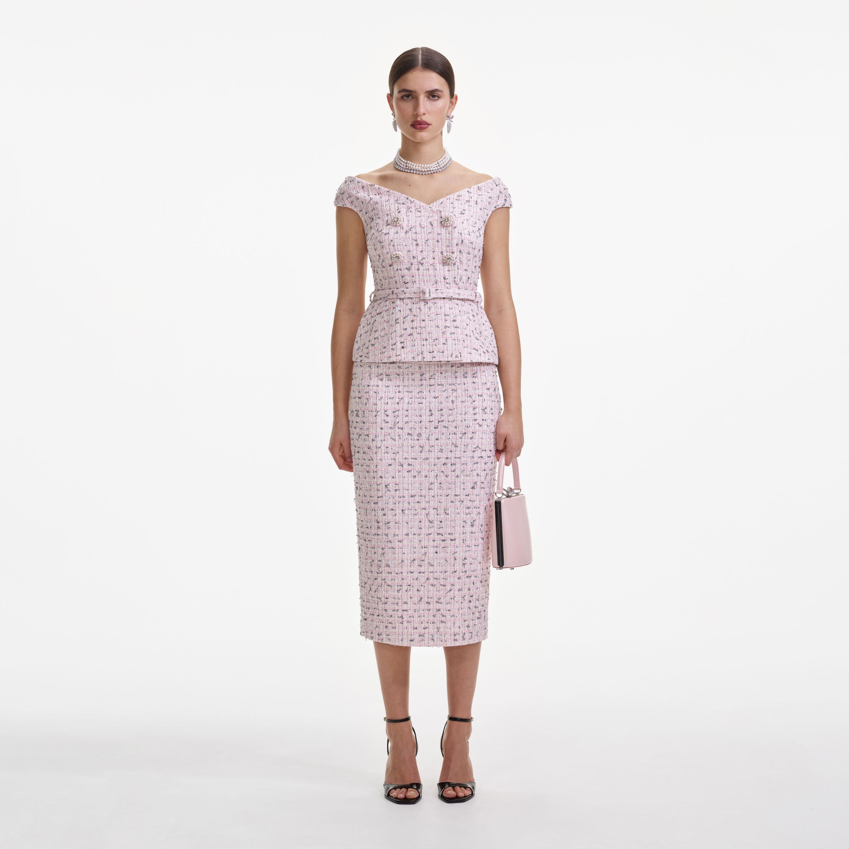 Pink Boucle Pearl Midi Dress