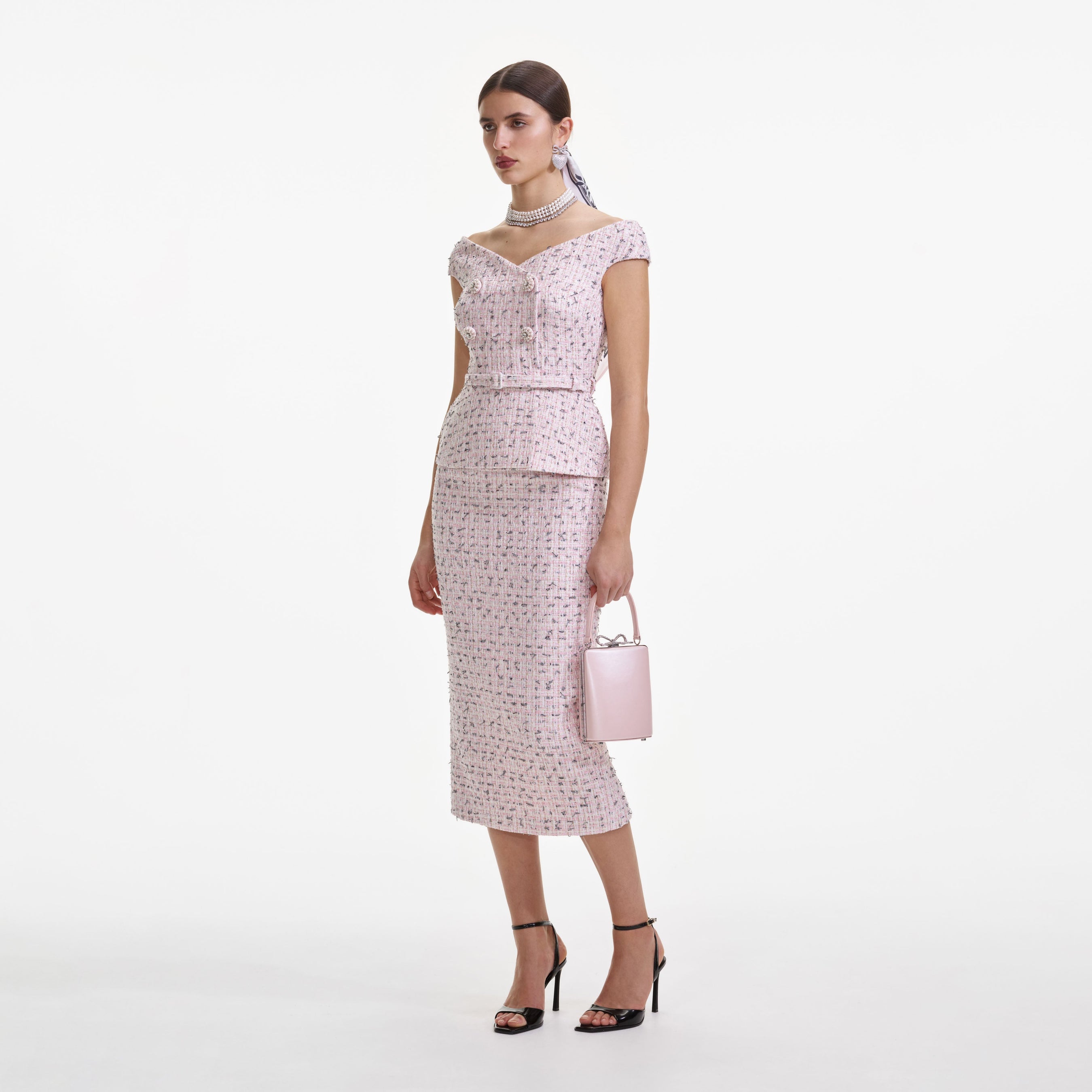 Pink Boucle Pearl Midi Dress