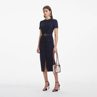 Navy Rhinestone Pinstripe Midi Skirt