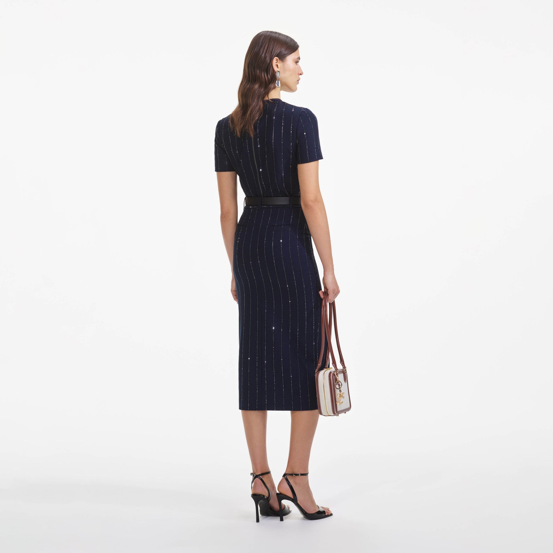 Navy Rhinestone Pinstripe Midi Skirt