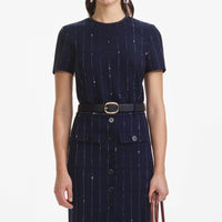 Navy Rhinestone Pinstripe Midi Skirt