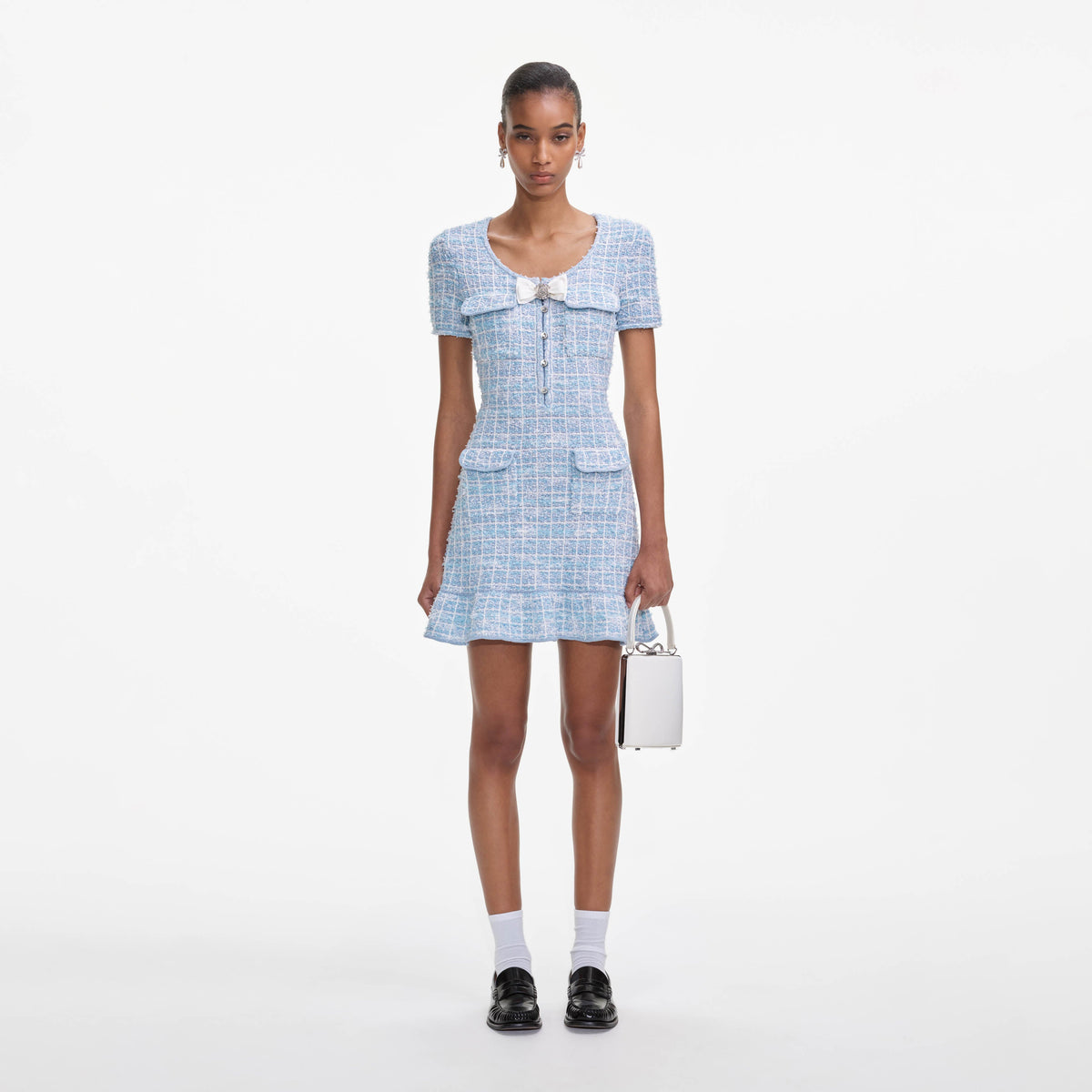 self portrait blue sequin knit mini dress Blue Check Knit Mini Dress – self-portrait-US