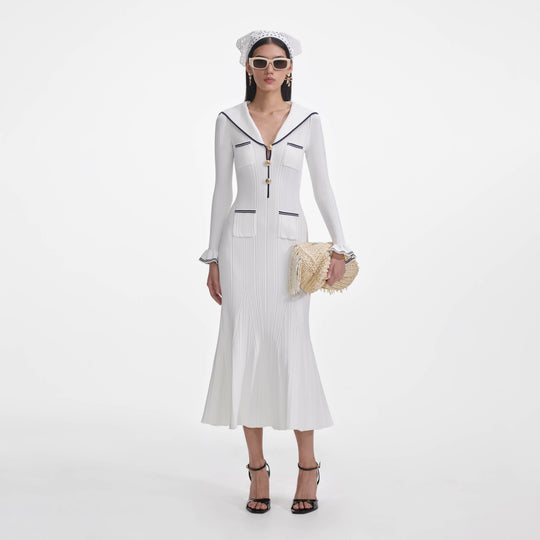 Blue Ribbed Knit Diamante Midi Dress