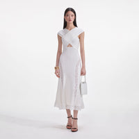 White Knit Lace Insert Midi Dress