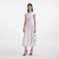 White Knit Lace Insert Midi Dress