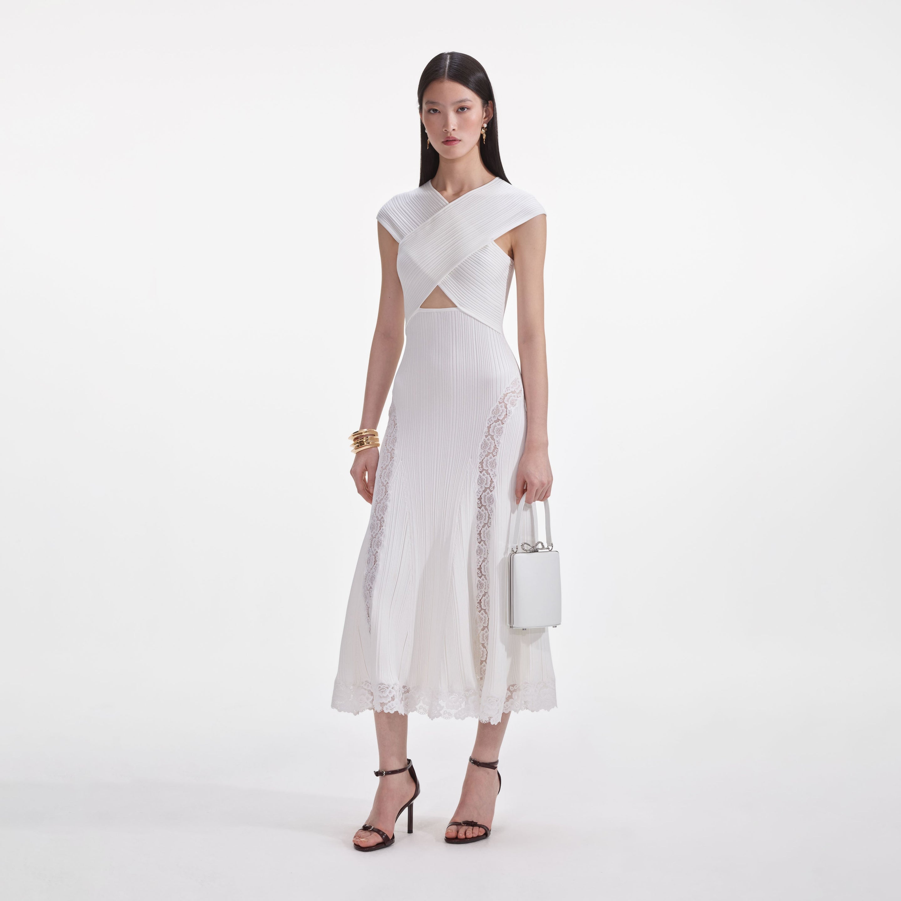 self portrait white linen lace insert midi dress self-portrait - White Flower Lace Midi Dress