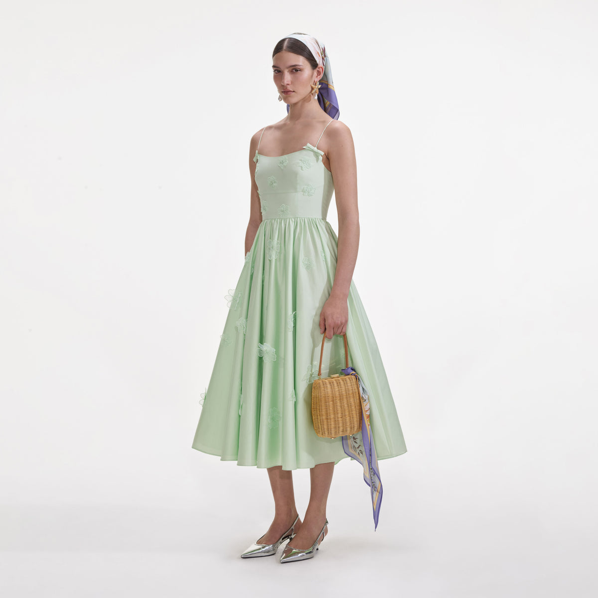 self portrait deep green chiffon midi dress Lace-trimmed pleated chiffon midi dress - green