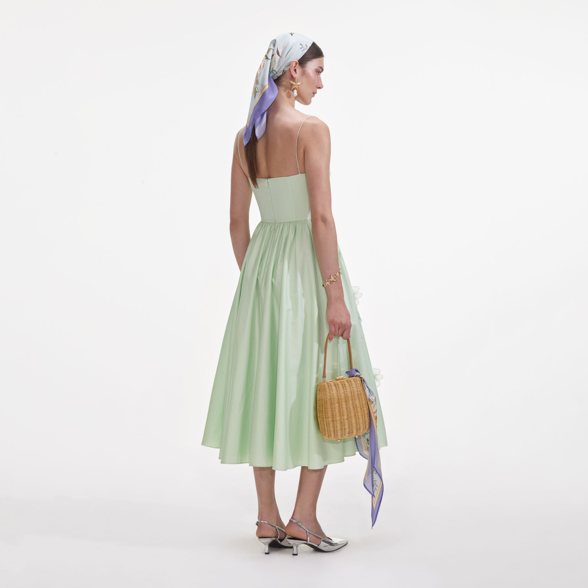 Back view of a woman wearing the Green Cotton Flower Midi Dress