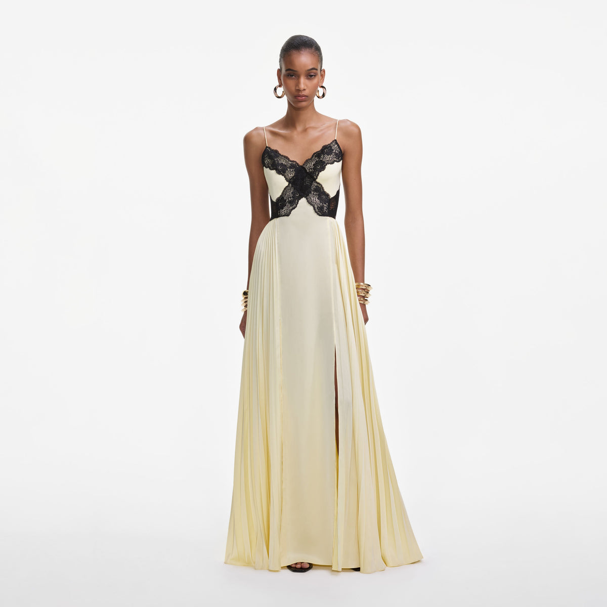 Self-Portrait - Yellow Satin Lace Maxi Dress