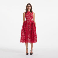 Red Fine Lace Midi Dress