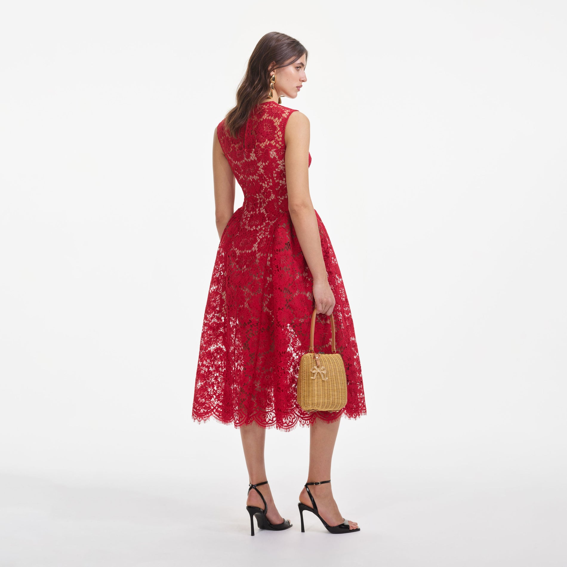 Back view of a woman wearing the Red Fine Lace Midi Dress