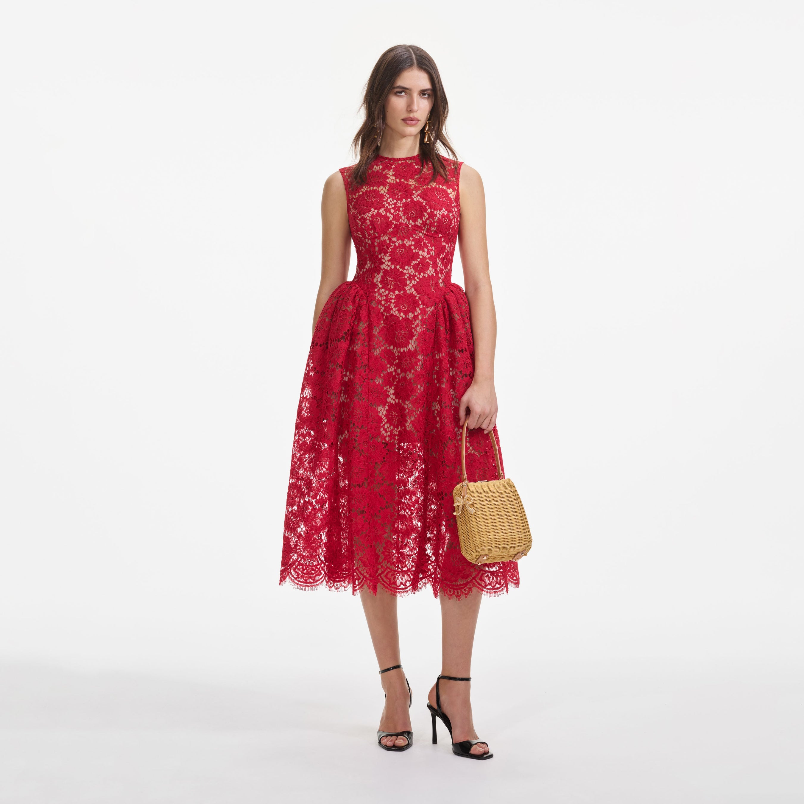 Red Fine Lace Midi Dress