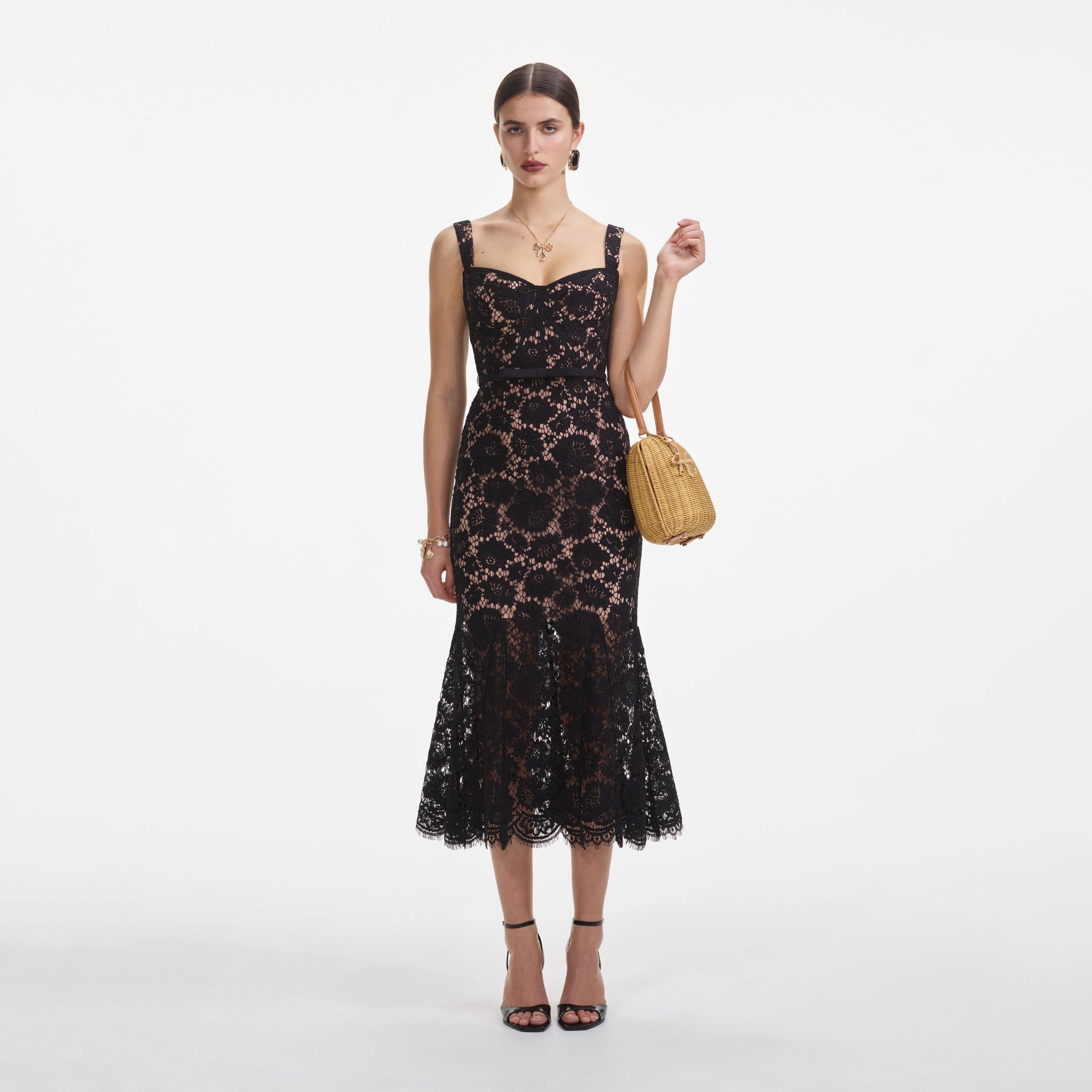 Black Fine Lace Midi Dress