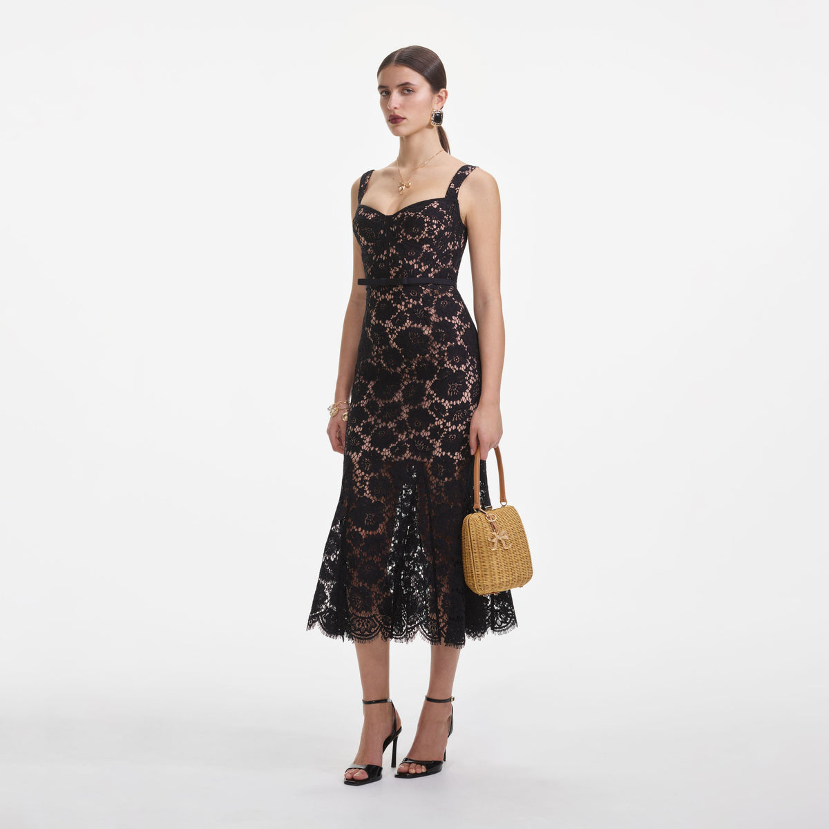 black midi dress with lace Black Fine Lace Midi Dress – self-portrait-US