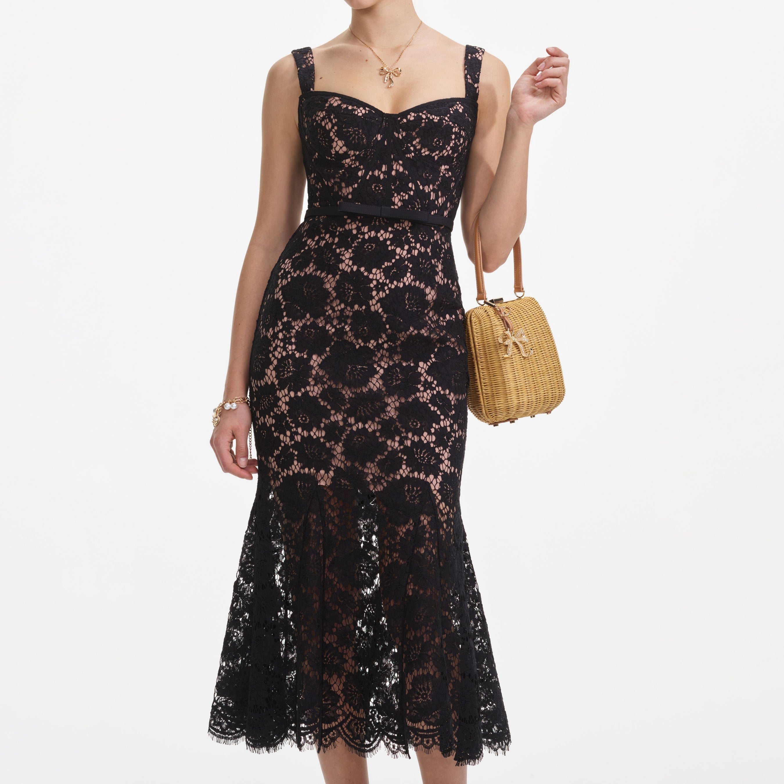 Black Fine Lace Midi Dress