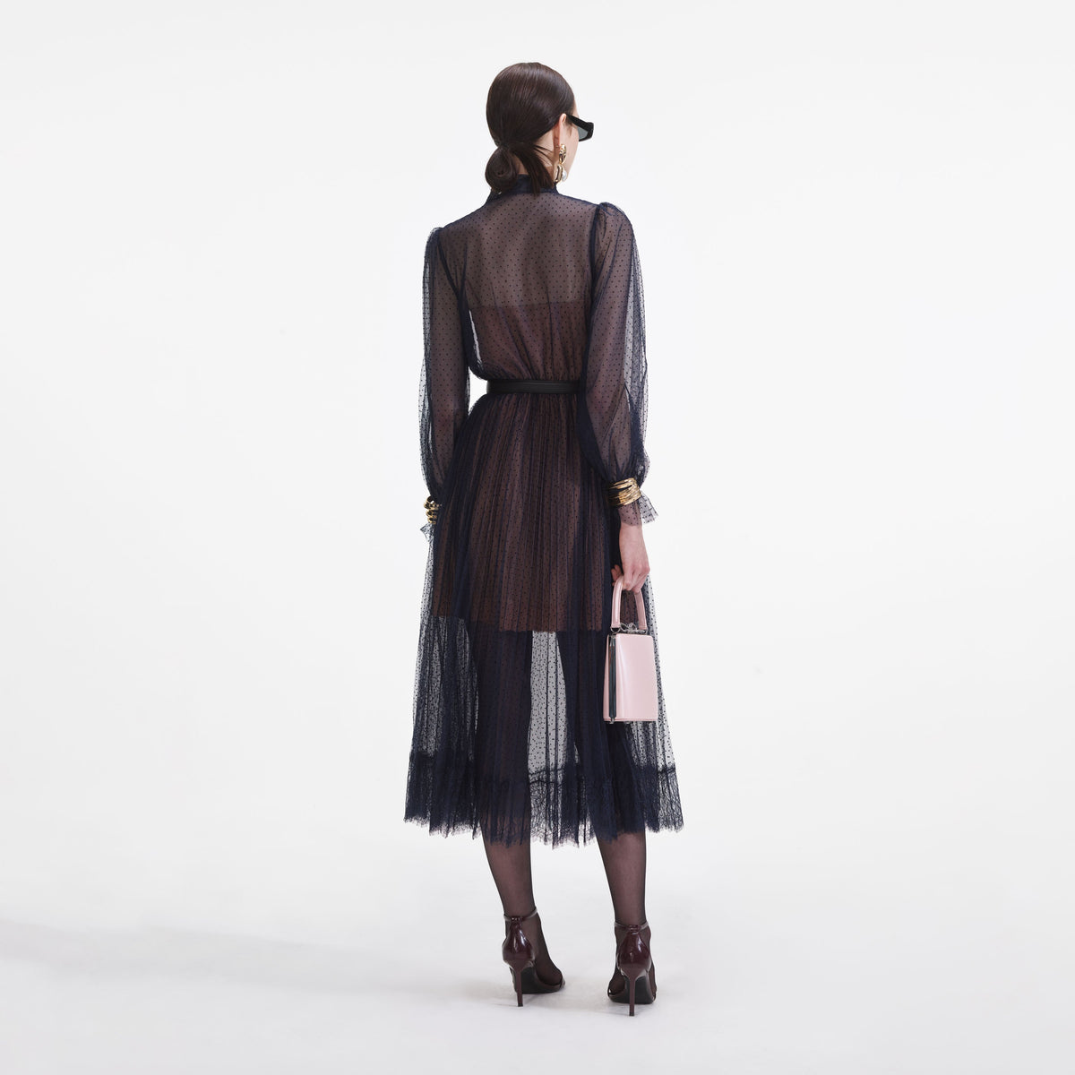 black dot mesh midi dress self portrait self-portrait Dot Mesh Midi Dress in Black