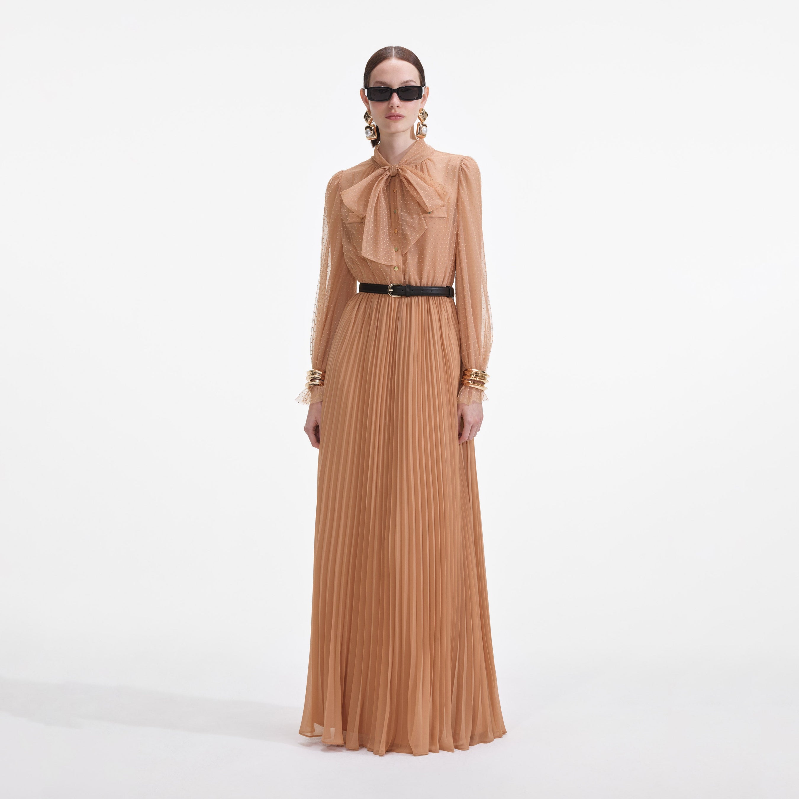 Tan Dot Mesh Maxi Dress