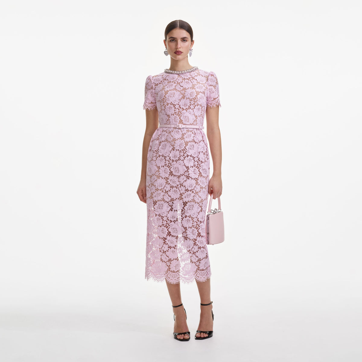 self-portrait - Pink Fine Lace Pearl Midi Dress