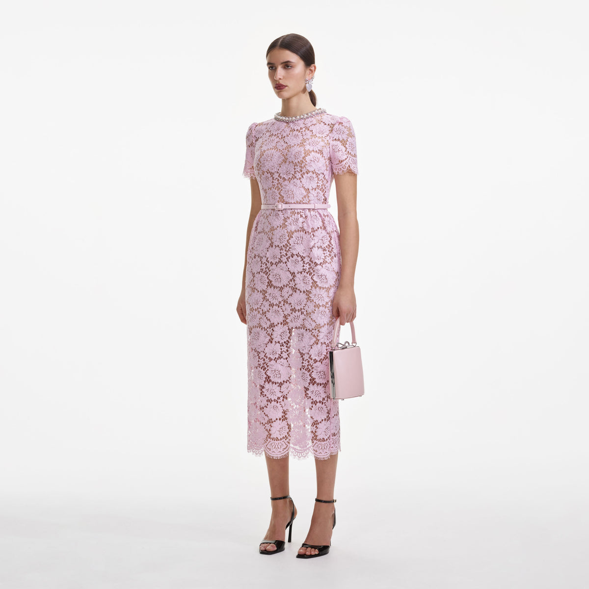 self-portrait - Pink Fine Lace Pearl Midi Dress