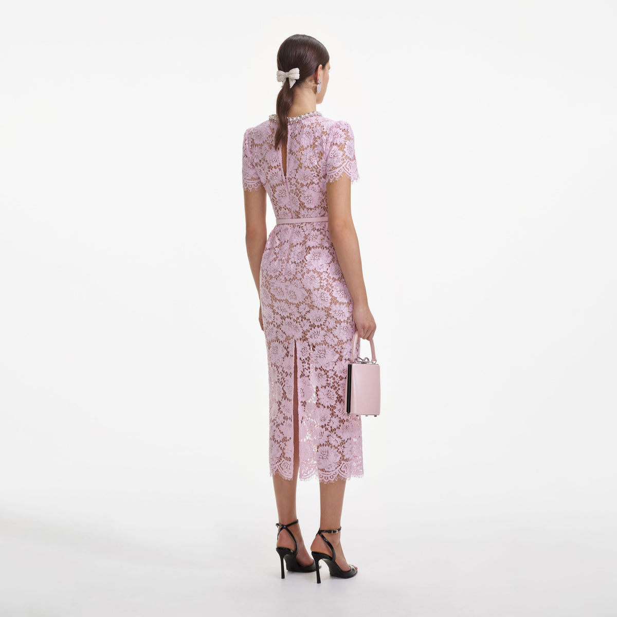self-portrait pink lace embellished midi dress Pink Rhinestone Lace Asymmetric Midi Dress self-portrait
