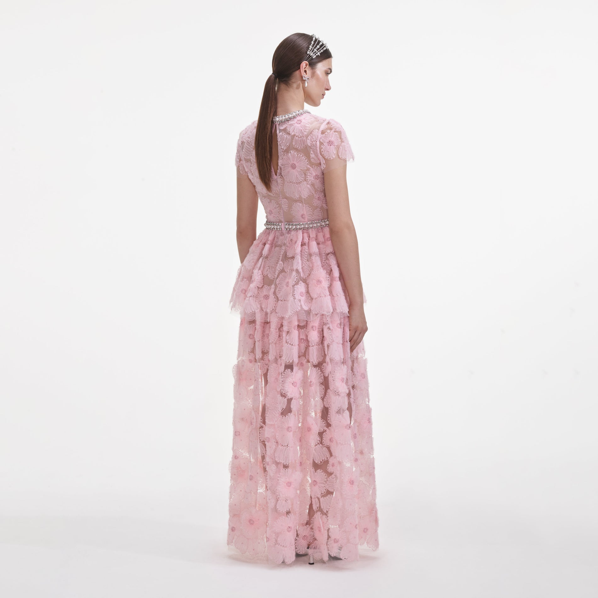 Back view of a woman wearing the Pink Embellished Tulle Maxi Dress