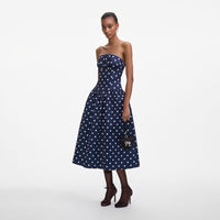 Navy Polka Dot Satin Midi Dress