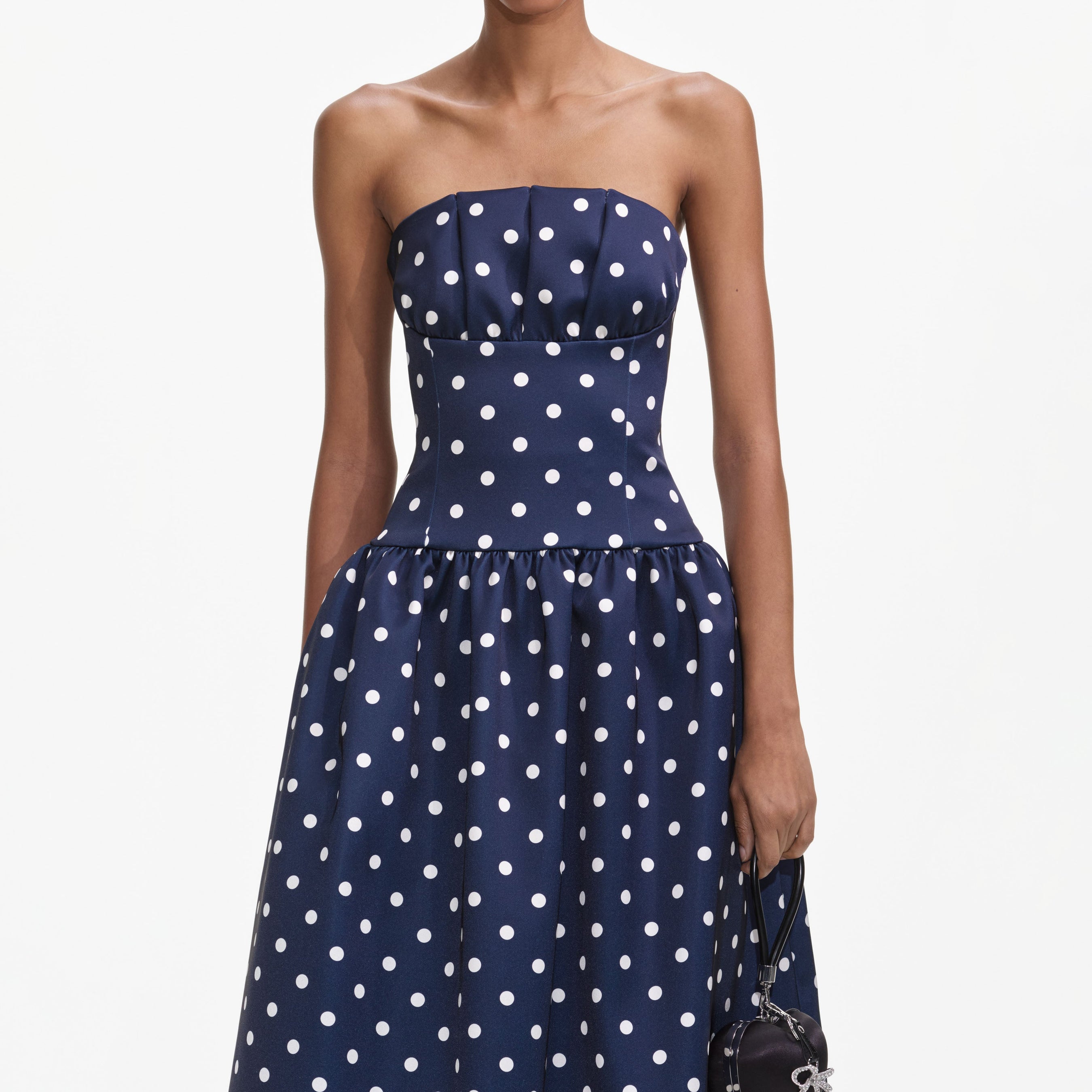 Navy Polka Dot Satin Midi Dress