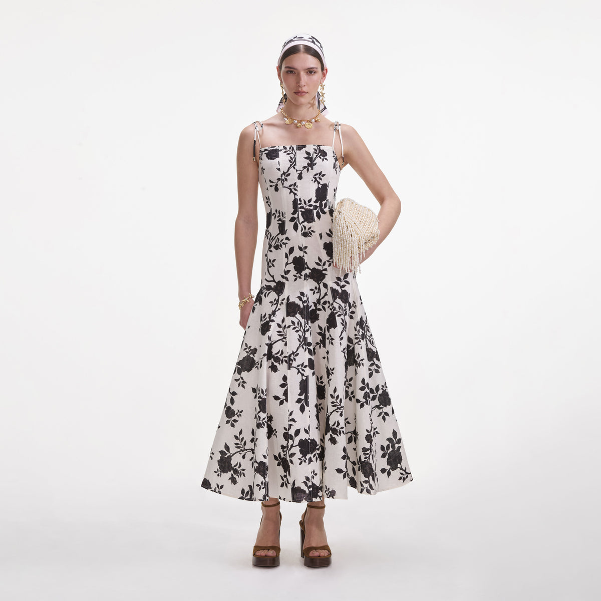 self-portrait Floral Print Linen Maxi Dress in Black - Size US 8/ UK 12