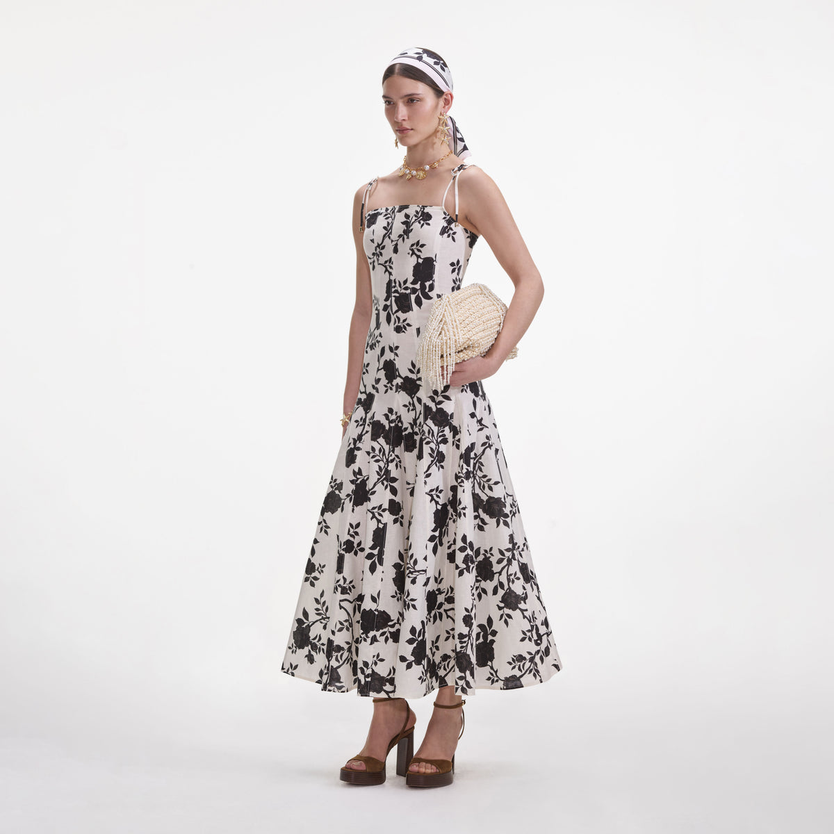 self-portrait Floral Print Linen Maxi Dress in Black - Size US 8/ UK 12