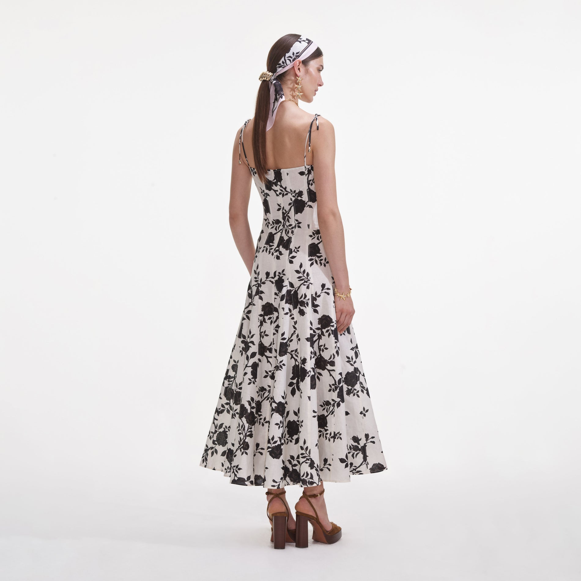 Back view of a woman wearing the Floral Print Linen Midi Dress