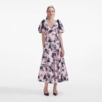 Pink Satin Floral Midi Dress