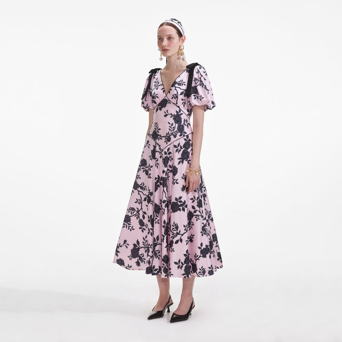 self portrait cold shoulder floral print satin midi dress self-portrait - Pink Satin Floral Midi Dress
