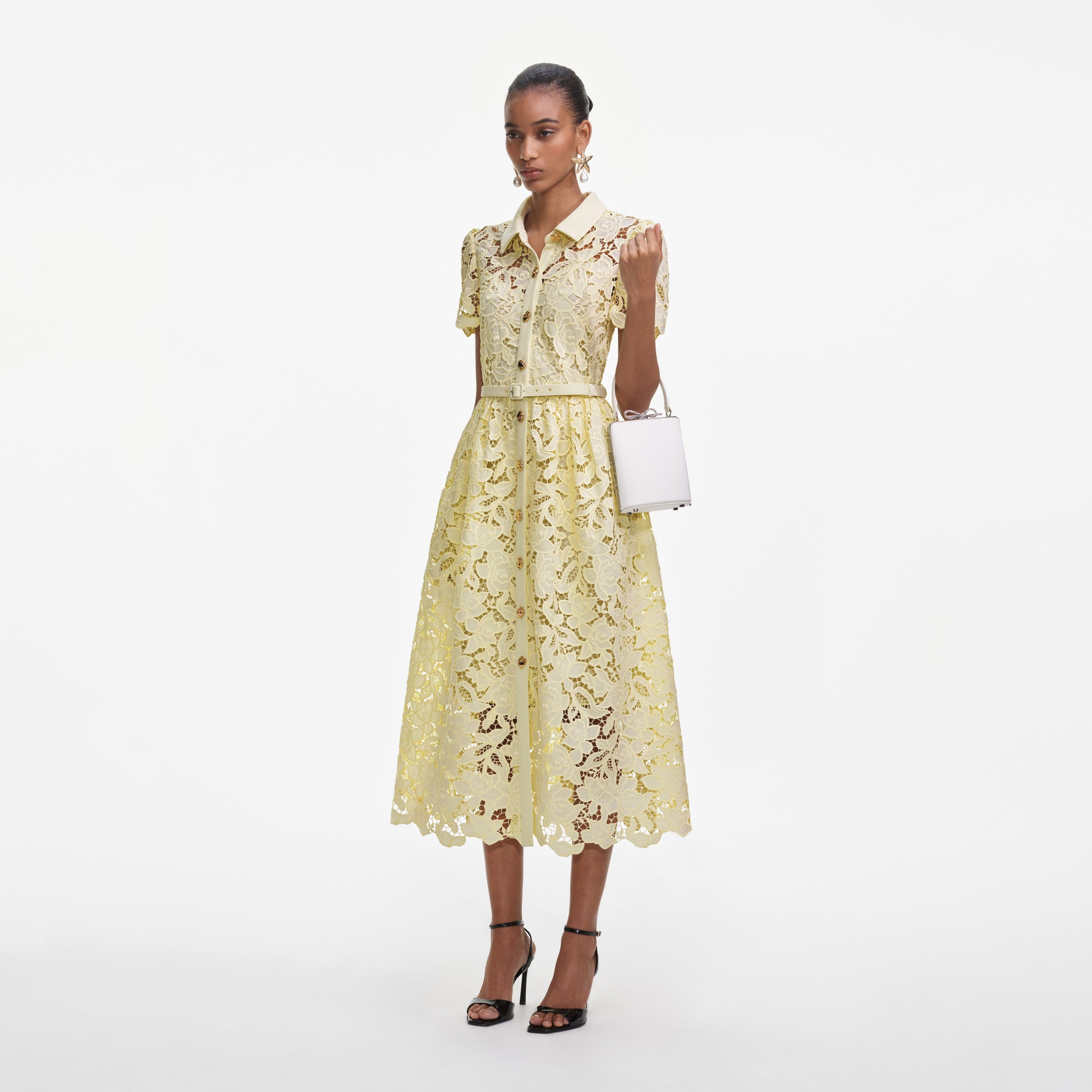 Yellow Lace Collared Midi Dress