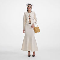 Cream Flared Knit Midi Skirt