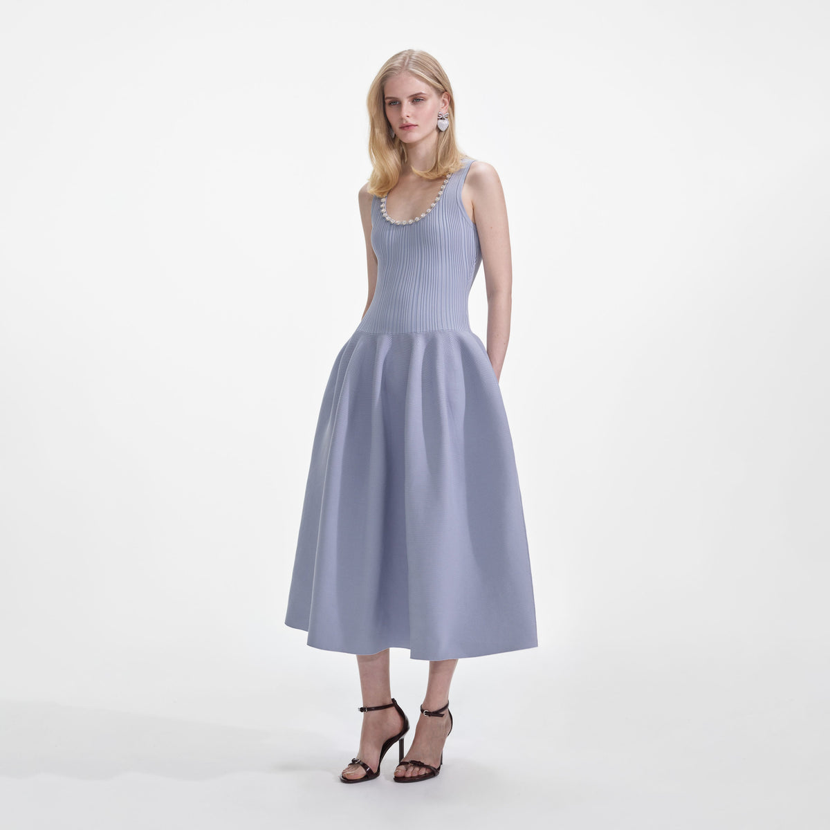 Self-Portrait - Blue Ribbed Knit Diamante Midi Dress