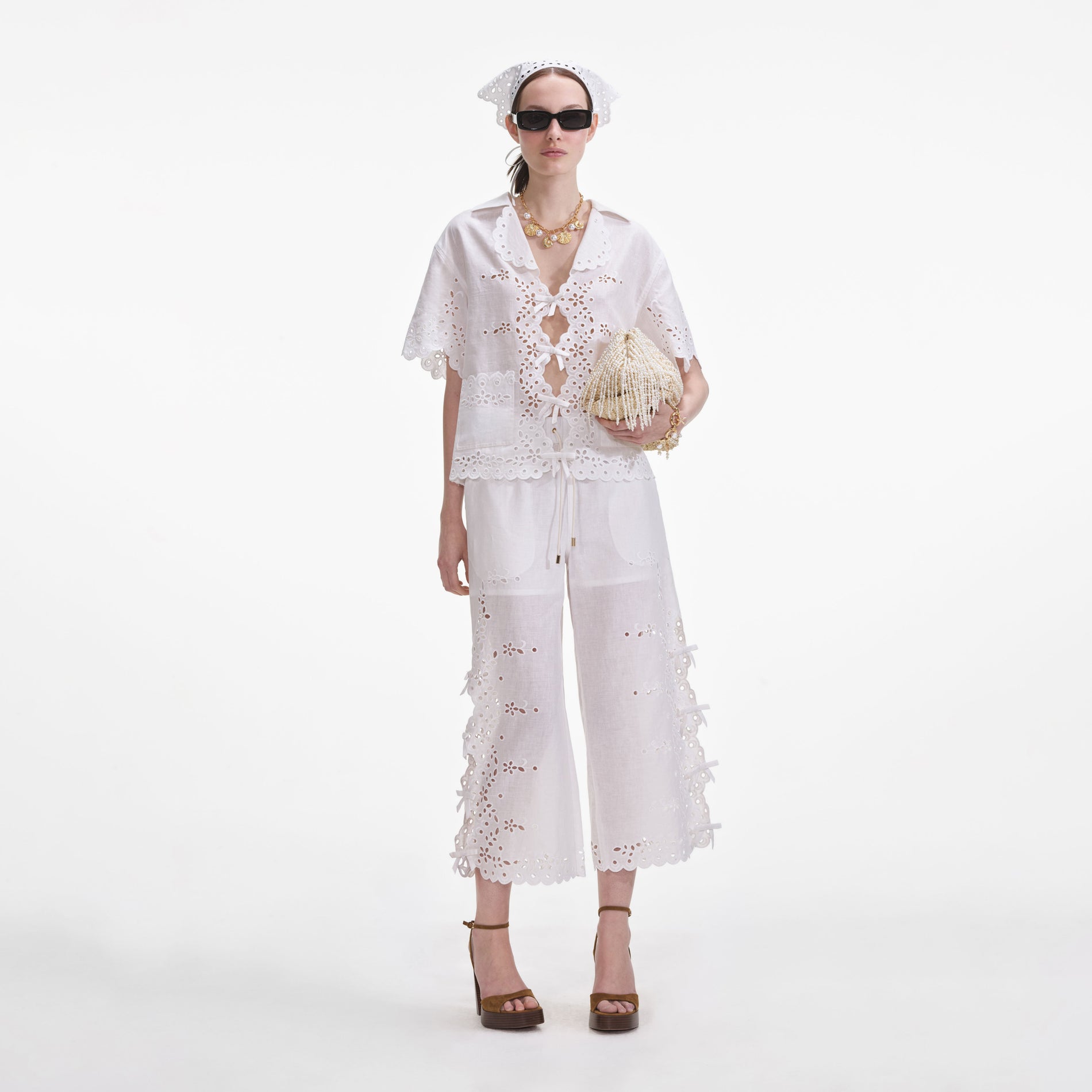 Cream Linen Embroidered Trousers