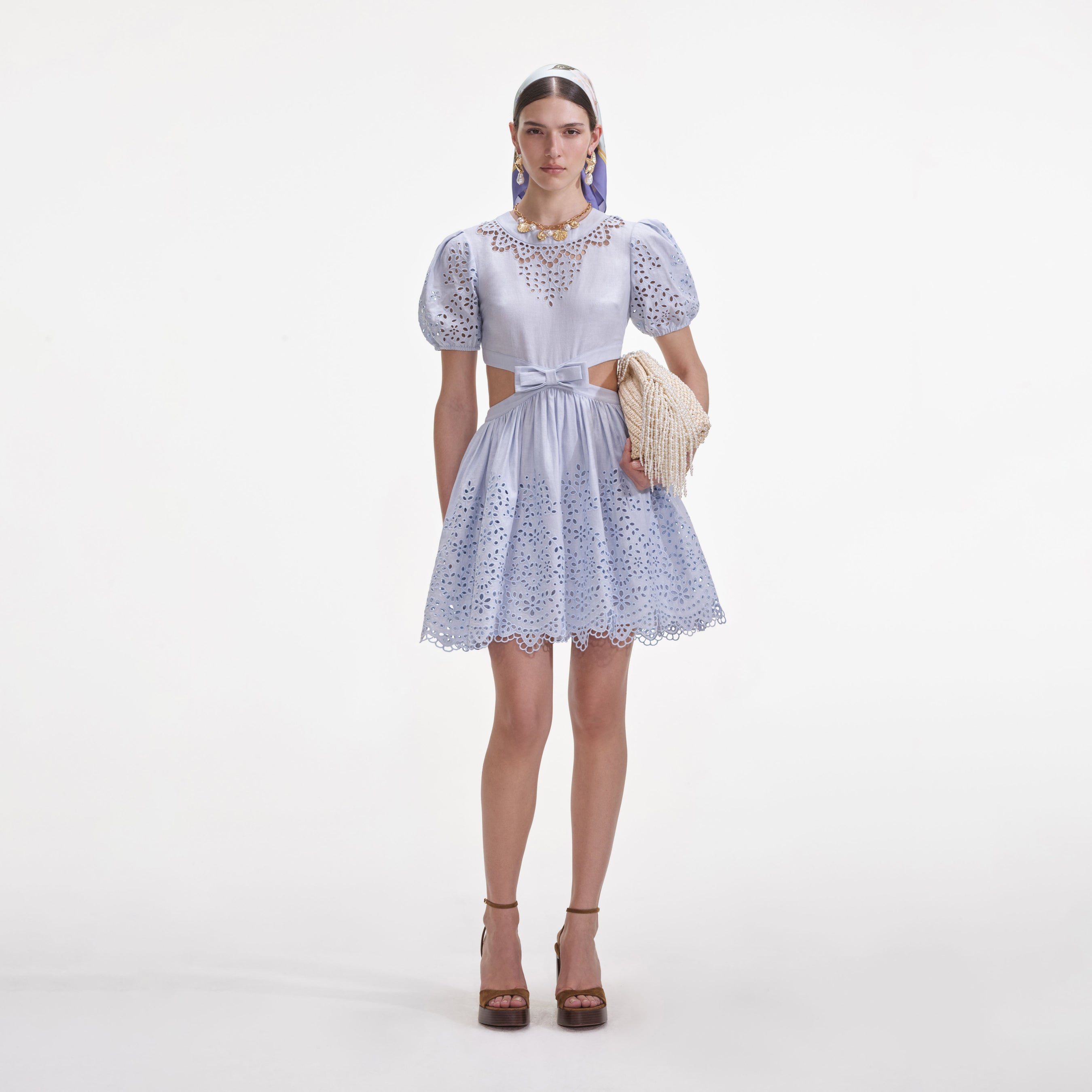 Blue Embroidered Linen Mini Dress